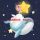 Velryba s králíčkem a hvězdou na noční obloze panel úplet 39x36cm
