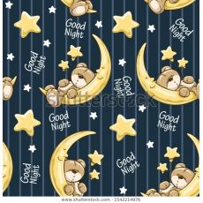 Medvídci spící na měsíci s hvězdami a šedými proužky na tmavě modré úplet