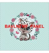 Kočička s puntíkatou čelenkou v květinovém kruhu na mintovém s bílými puntíky panel 39x39cm teplákovina