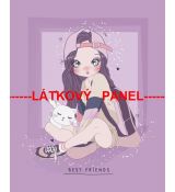 Slečna s kočičkou, čepicí a batohem na fialových rámečcích BEST FRIENDS panel 39x48cm teplákovina