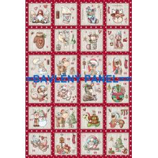 Adventní kalendář 80x53cm červený se skřítky s bílými hvězdičkami s čísly bavlněné plátno panel