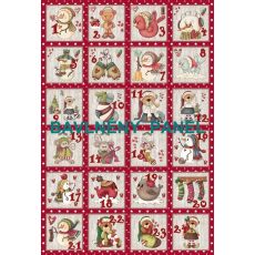 Adventní kalendář 80x53cm červený se sněhulákem s bílými hvězdičkami s čísly bavlněné plátno panel