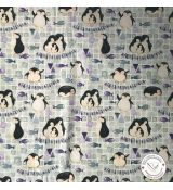Tučňáčci s rybyčkami na šedomodrých kostičkách na bílé bavlněné plátno premium