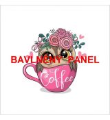 Sovička s kvítky v růžovém šálku COFFEE úplet panel 29x28cm