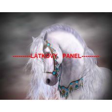 Bílý kůň s ozdobnou ohlávkou na šedo černé bavlněné plátno panel 40x29cm