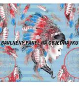 Sada indiánka s lapači snů a peříčky na tmavě a světle modrých pruzích 34x34cm bavlněné plátno panel