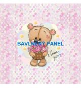 Sada medvídek s košíkem květin s hvězdičkami na růžových bublinkách 34x34cm bavlněné plátno panel
