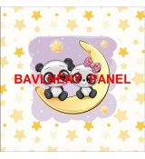 Sada pandičky sedící na měsíčku obklopeny hvězdami na bílé 34x34cm bavlněné plátno panel