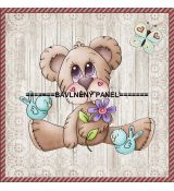 Medvídek s kytičkou, ptáčky a motýlkem na dřevě v rámečku panel 39x38cm teplákovina
