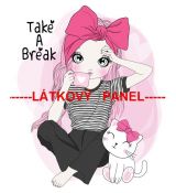 Slečna s růžovými vlasy, červenou mašlí a kočičkou TAKE A BREAK panel 39x47cm teplákovina