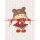 Holčička v medvědí čepici s medvídkem na červeno oranžových puntících na bílo šedém mramoru panel úplet 52x48cm