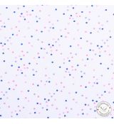 Tmavě modré, fialové a růžové puntíky na bílé 100% bavlněný úplet