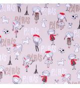 Holčičky s pejsky s nápisy PARIS na béžové 100% bavlněný úplet