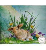 Reálný králíček s velikonočními vejci v trávě panel úplet 39x36cm