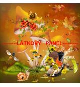 Skřítek, včelka a šnečci v podzimním lese na houbách na oranžové panel úplet 29x27cm