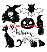 Halloweenské motivy černobílé, čarodějka, netopýr, dýně, kočka, vrána panel úplet 39x38cm