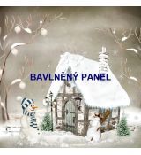 Zasněžený domeček se sněhuláky na šedé 23x22cm bavlněné plátno panel