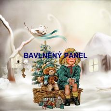 Holčička s medvídkem sedící u zasněženého stromu s hnízdem a ptáčky 24x24cm bavlněné plátno panel