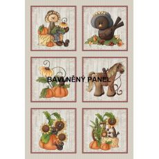 Farmářské podzimní motivy v obrázcích s rámečky na šedo béžové bavlněné plátno panel 36x52cm 1.