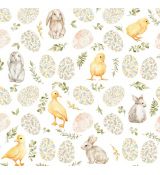 Velikonoční vajíčka, kačenky, králíčci, kuřátka španělské bavlněné plátno