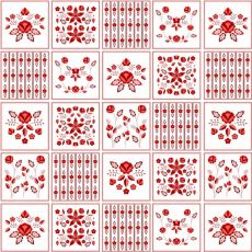 Červené květinové vzory v rámečcích dekorační látka