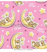 Medvídci spící na měsíci s hvězdami na růžové úplet