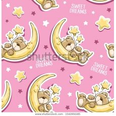 Medvídci spící na měsíci s hvězdami na růžové úplet