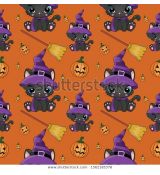 Kočičky halloween s košťaty a dýněmi na oranžové úplet