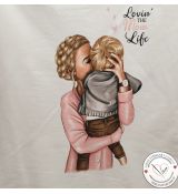 Mama se synem v náručí v šedém svetru 55x70cm panel teplákovina