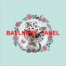 Kočička s puntíkatou čelenkou v květinovém kruhu na mintovém s bílými puntíky panel 39x39cm teplákovina