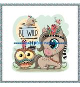 Koníček hnědý se sovičkou a ptáčkem BE WILD s okrajem panel 29x27cm teplákovina