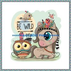 Koníček hnědý se sovičkou a ptáčkem BE WILD s okrajem panel 29x27cm teplákovina