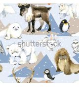Lední zvířátka s vločkami na bílé s modrými horami úplet