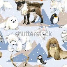 Lední zvířátka s vločkami na bílé s modrými horami úplet