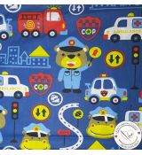 Medvídek policista na modré bavlněné plátno