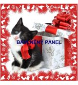 Koťátko černo bílé s červenou mašlí u dárečku 39x39cm bavlněné plátno panel