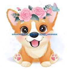 Corgi sedící s květinkami na hlavě panel úplet 24x23cm