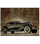 Auto tmavě tyrkysové veterán na dopisovém vzoru panel 49x29cm úplet