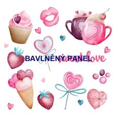 Cukrovinky, zmrzlina, pusinka, jahoda SWEET LOVE 28x28cm bavlněné plátno panel