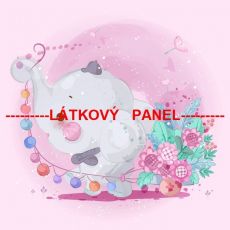 Slon s čepičkou táhnoucí vozík s květinami provazem s barevnými kuličkami 39x39cm bavlněné plátno panel