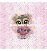 Sovička se srdíčkem I LOVE YOU na růžových bublinkách panel 39x39 bavlněné plátno