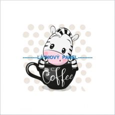 Zebra v šálku COFFEE na béžových puntících panel úplet 39x37cm