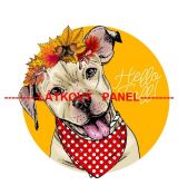 Pejsek s puntíkatým červeným šátkem a listím na hlavě s nápisem HELLO FALL panel úplet 39x36cm