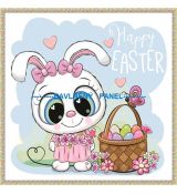 Zajíček holčička v šatech s košíkem s vajíčky HAPPY EASTER panel úplet 29x27