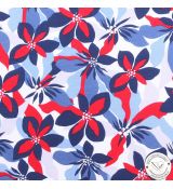 Květy modré a červené na bílé jednolící 100% bavlněný úplet