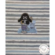 Kočičí pirát LITTLE PIRATE na šedo modrých pruzích 40x50cm teplákovina panel