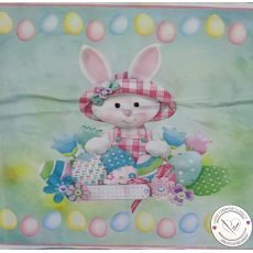 Velikonoční zajíček v kloboučku s vajíčky na mátové s vajíčky po krajích panel úplet 39x34cm