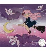 Čarodějka s růžovými netopýry na obloze s měsícem panel úplet 39x38cm