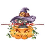 Kočička v klobouku sedící ve vyřezané dýni panel úplet 29x27 
