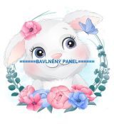 Králíček s modrým motýlem v květinovém kruhu panel úplet 28x28cm